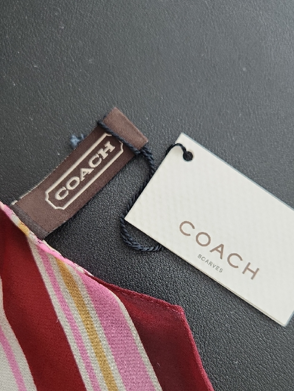 Coach Striped Silk Scarf in Burgundy, Pink & Mustard Yellow - Picture 2 of 5